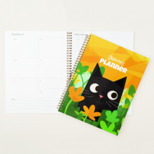 Personalised Floral Green Orange Black Cat Planner