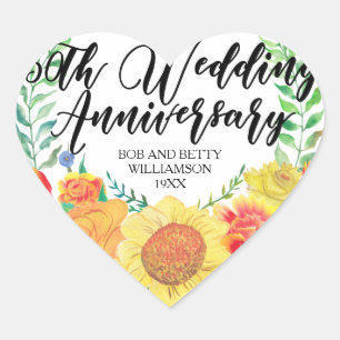 Personalised Floral Heart 50th Wedding Anniversary Heart Sticker