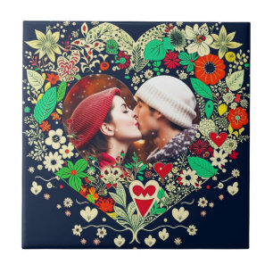 Personalised Floral Heart Frame Photo Ceramic Tile