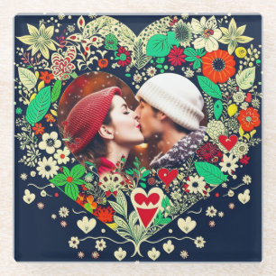 Personalised Floral Heart Frame Photo Glass Coaster