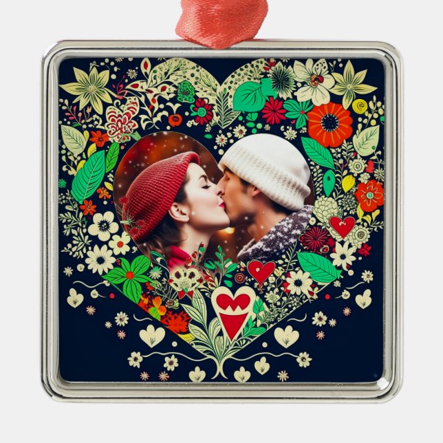 Personalised Floral Heart Frame Photo Metal Ornament (Front)