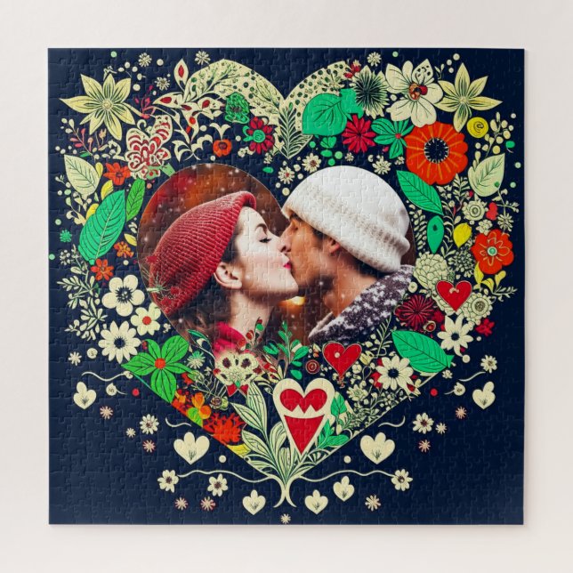 Personalised Floral Heart Frame Romantic Gift Jigsaw Puzzle (Vertical)