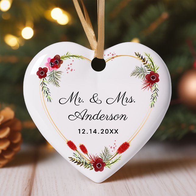 Personalised Floral Heart Photo Mr. & Mrs. Wedding Ceramic Ornament (Creator Uploaded)