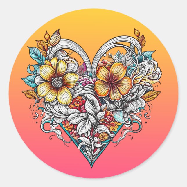 Personalised Floral Heart Romantic Classic Round Sticker (Front)