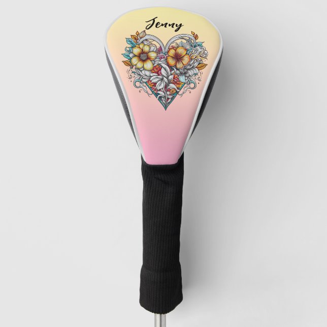 Personalised Floral Heart Romantic Golf Head Cover (Front)