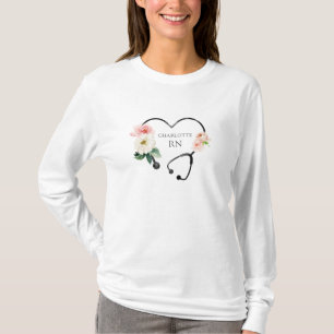 Personalised Floral Heart Stethoscope Nurse T-Shirt