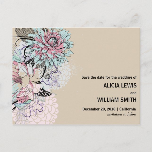 Personalised - Floral Illustration Save The Date Postcard (Front)