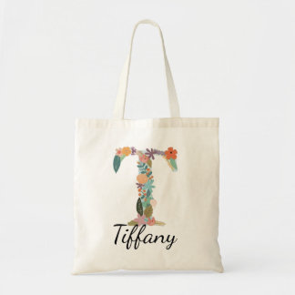 Personalised Floral Initial Custom Name Monogram Tote Bag