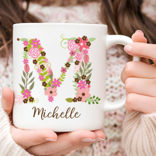 Personalised Floral Initial Monogram M Pink Flower Coffee Mug