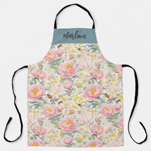 Personalised Floral Kitchen Apron with Bees Peony