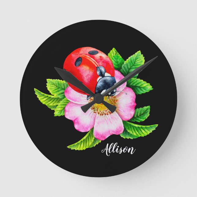 Personalised Floral Ladybug Round Clock (Front)
