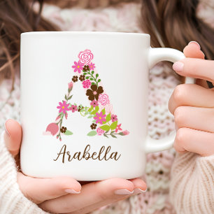 Personalised Floral Letter A Monogram Pink Flower Coffee Mug