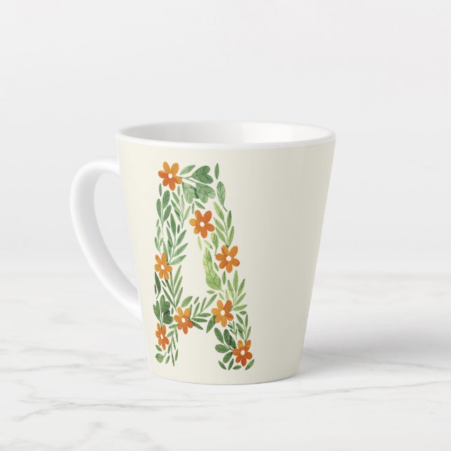 Personalised Floral Letter A with Orange Flowers Latte Mug (Left Angle)