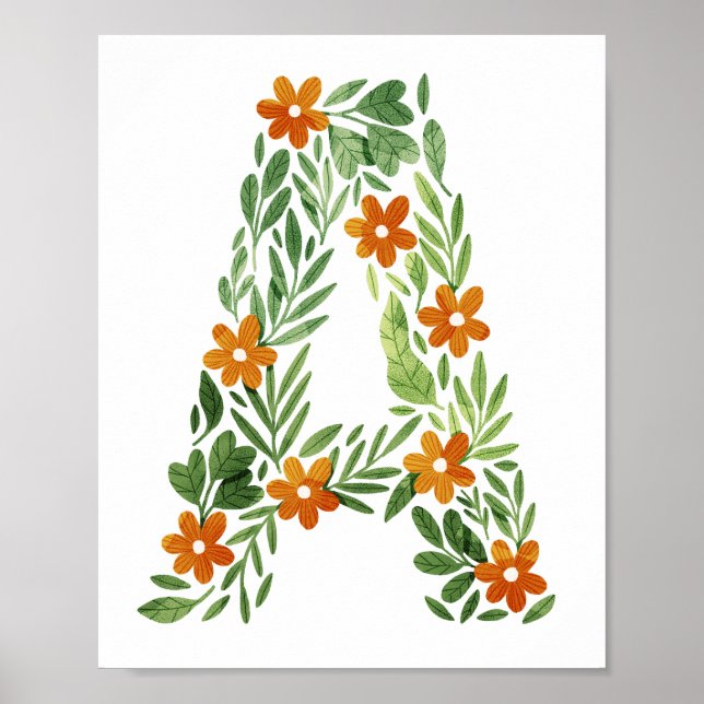 Personalised Floral Letter A with Orange Flowers Poster (Front)