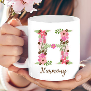 Personalised Floral Letter H Monogram Pink Flower Coffee Mug
