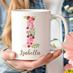 Personalised Floral Letter I Monogram Pink Flower Coffee Mug