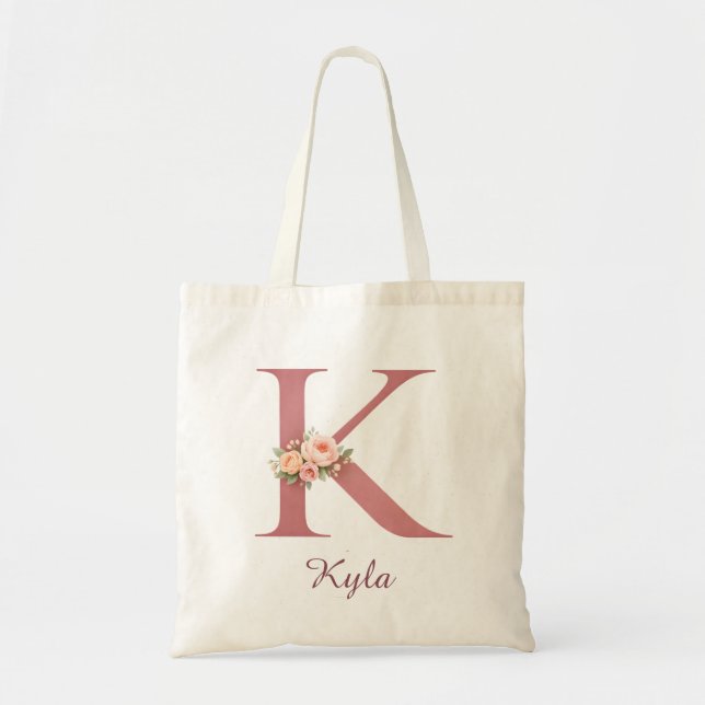 Personalised Floral Letter K Monogram Tote Bag (Front)
