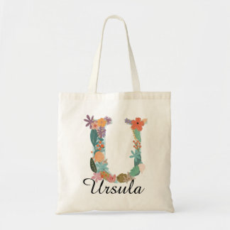Personalised Floral Letter U Custom Name Canvas Tote Bag