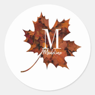 Personalised Floral Monogram Autumn Maple Leaf Classic Round Sticker