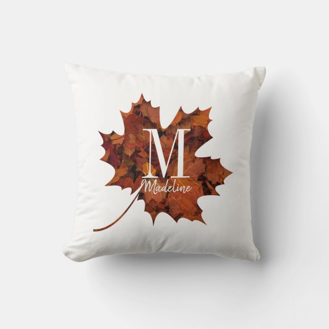 Personalised Floral Monogram Autumn Maple Leaf Cushion (Front)