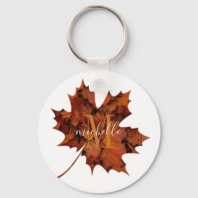 Personalised Floral Monogram Autumn Maple Leaf Key Ring (Front)