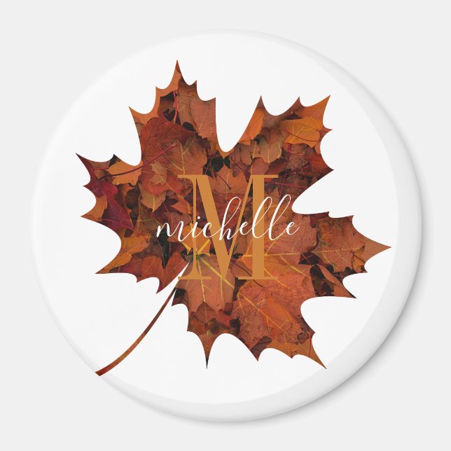 Personalised Floral Monogram Autumn Maple Leaf Magnet (Front)
