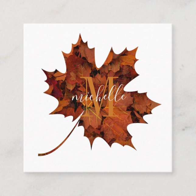 Personalised Floral Monogram Autumn Maple Leaf Square Business Card (Front)