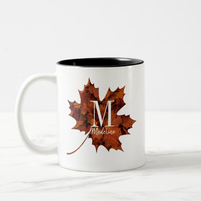 Personalised Floral Monogram Autumn Maple Leaf Two-Tone Coffee Mug (Left)