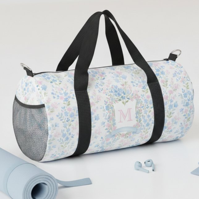 Personalised Floral Monogram Bag (elegant girly blue pink floral personalized duffel bag with custom monogram initial)