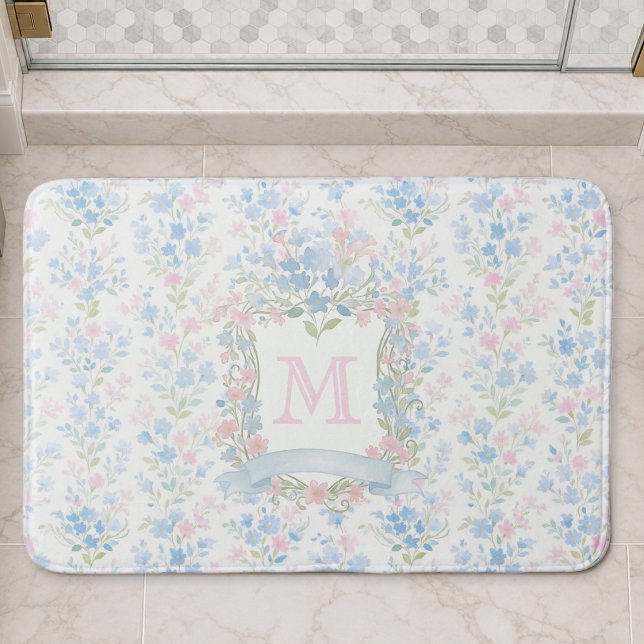 Personalised Floral Monogram Bath Mat (elegant girly grandmillennial pastel pink blue floral bath mat with custom monogram initial crest)
