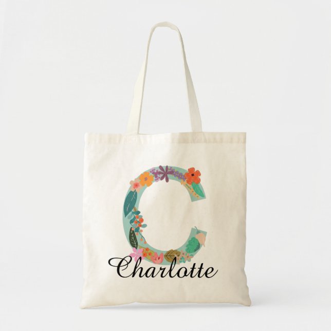Personalised Floral Monogram Custom Name Botanical Tote Bag (Front)