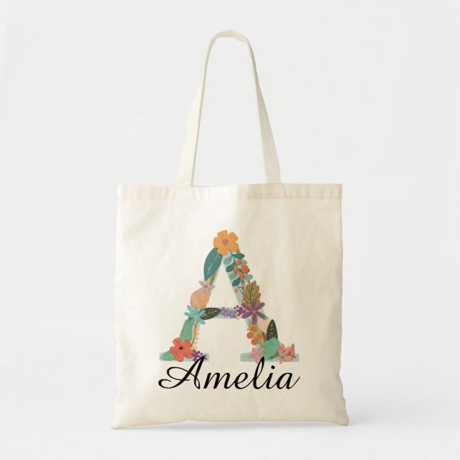 Personalised Floral Monogram Custom Name Botanical Tote Bag (Front)