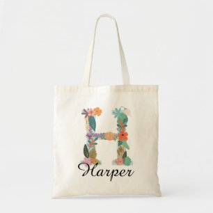Personalised Floral Monogram Custom Name Botanical Tote Bag