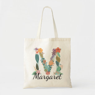 Personalised Floral Monogram Custom Name Botanical Tote Bag