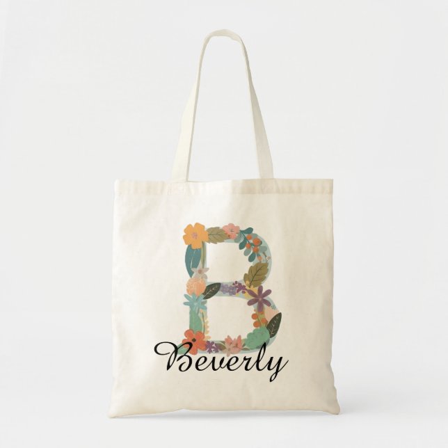 Personalised Floral Monogram Custom Name Botanical Tote Bag (Front)