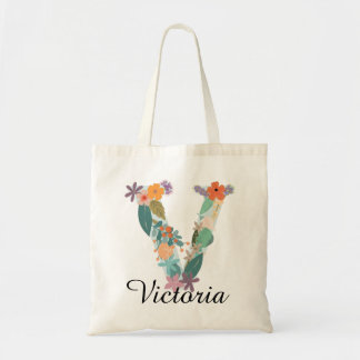 Personalised Floral Monogram Custom Name Letter V Tote Bag
