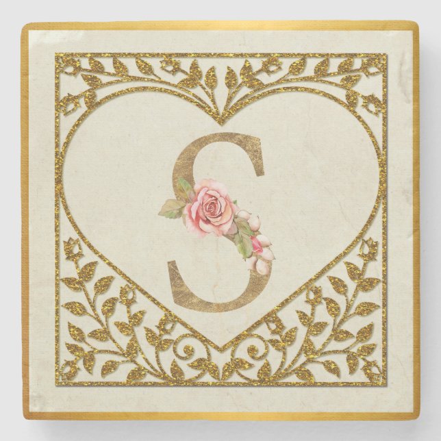 Personalised Floral Monogram, From A to Z  Stone Coaster (Front)