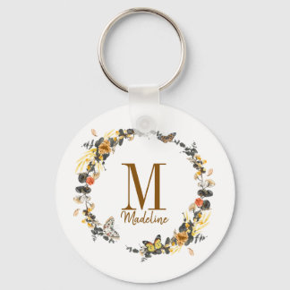 Personalised Floral Monogram Golden Fall Foliage Key Ring