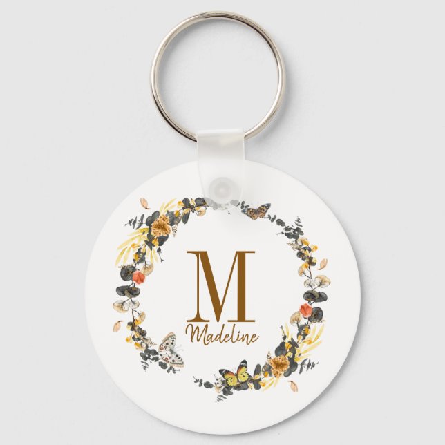 Personalised Floral Monogram Golden Fall Foliage Key Ring (Front)
