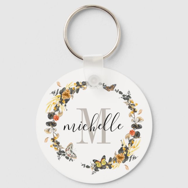 Personalised Floral Monogram Golden Fall Foliage Key Ring (Front)