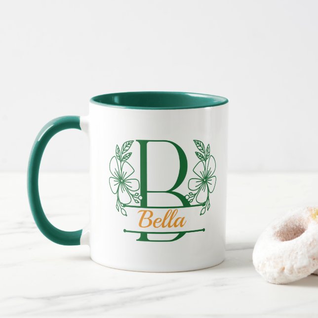 Personalised Floral Monogram Letter B Mug - Custom (With Donut)
