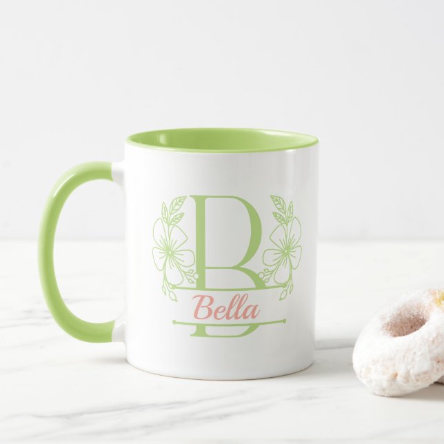 Personalised Floral Monogram Letter B Mug - Custom (With Donut)