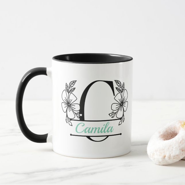 Personalised Floral Monogram Letter C Mug - Custom (With Donut)