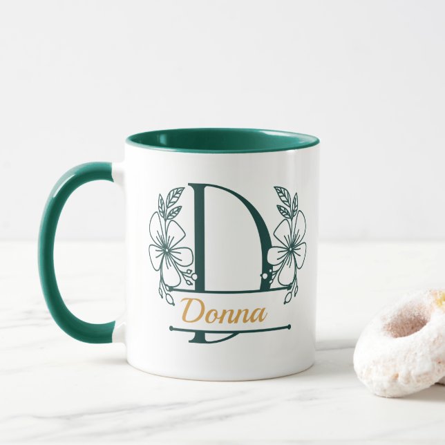 Personalised Floral Monogram Letter D Mug - Custom (With Donut)
