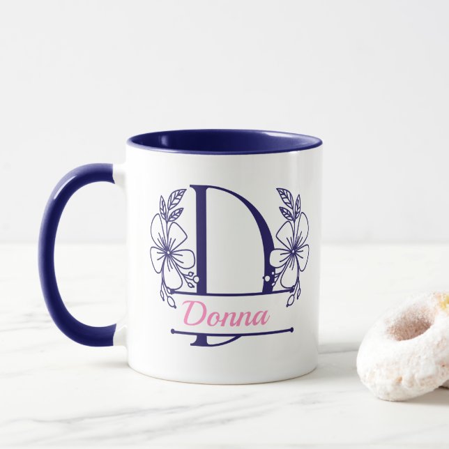 Personalised Floral Monogram Letter D Mug - Custom (With Donut)