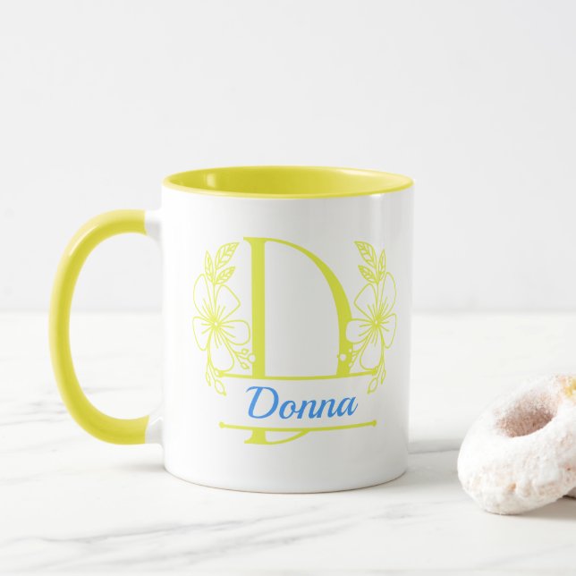 Personalised Floral Monogram Letter D Mug - Custom (With Donut)