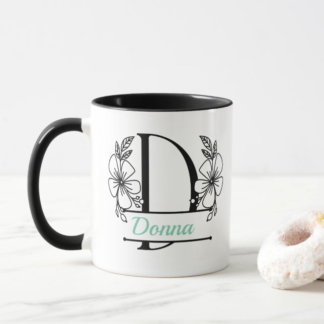 Personalised Floral Monogram Letter D Mug - Custom (With Donut)