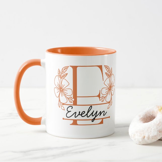 Personalised Floral Monogram Letter E Mug - Custom (With Donut)