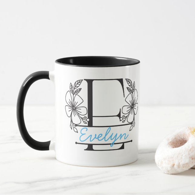 Personalised Floral Monogram Letter E Mug - Custom (With Donut)