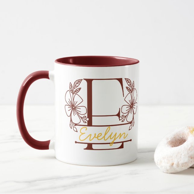 Personalised Floral Monogram Letter E Mug - Custom (With Donut)